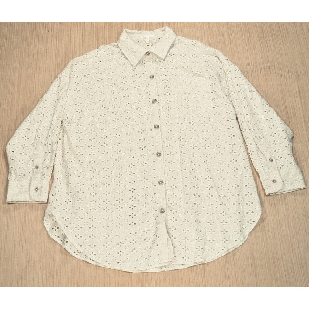 Maurices Women Shirt Plus 2X Cream Eyelet Button Up Collared Cottage Coquette